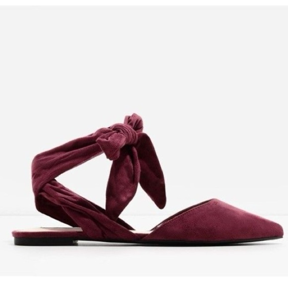 Charles & Kieth Tie-Up Pointed Velvet Burgundy Women's Flats with Bow Detail